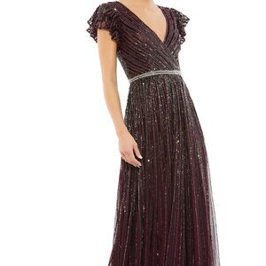 Mac Duggal Blackberry Beaded Sequin Cap Sleeve Tulle A-Line Gown